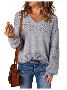 Women's V-Neck Hollow Knit Pullover Sweater, Lightweight Long Sleeve
